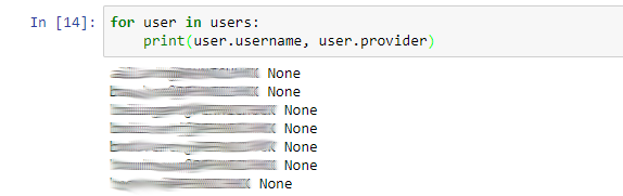 output of JuPyter notebook showing usernames and providers