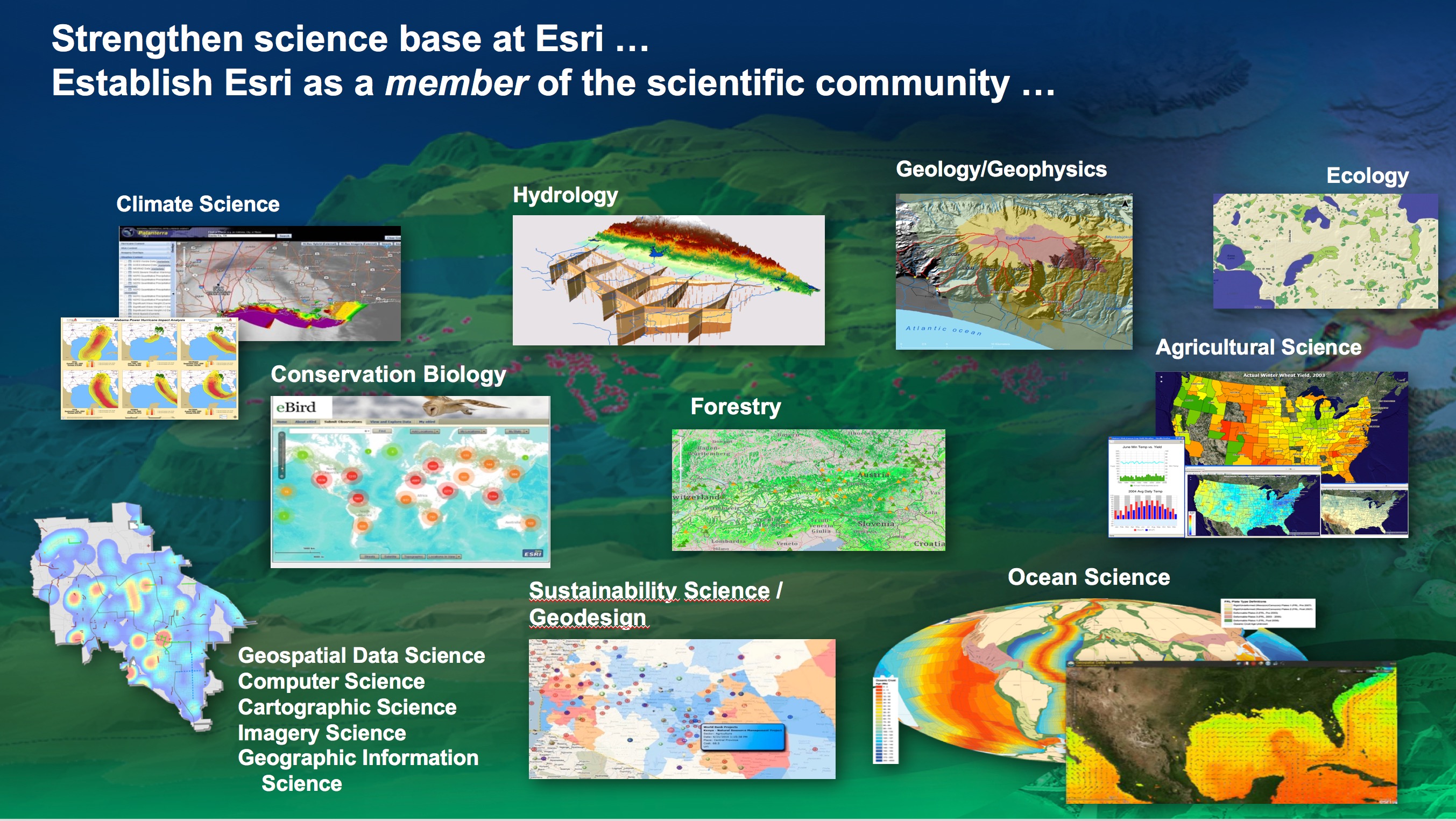 There are many natural science domains in which GIS is being used effectively to understand how the Earth works. At Esri, these are the sciences that we are particularly strong in