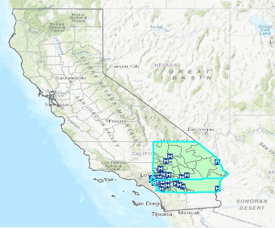 Map of hospitals and ZIP Codes in Riverside and San Bernardino counties