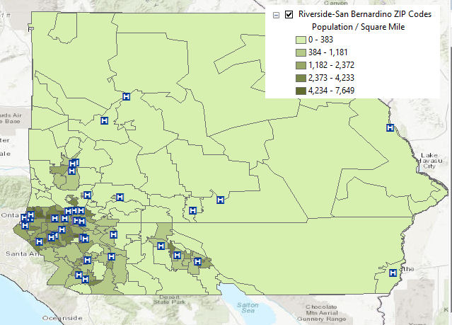Map showing population density in Riverside-San Bernardino counties
