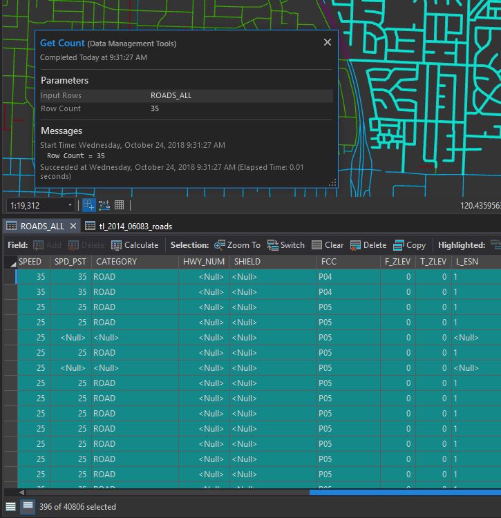 See bottom left where I have 396 roads selected. however all the geoprocessing tools only recognize 35 rows and will only complete the field calculator (as well as all other geoprocessing) on those 35 it recognizes. 