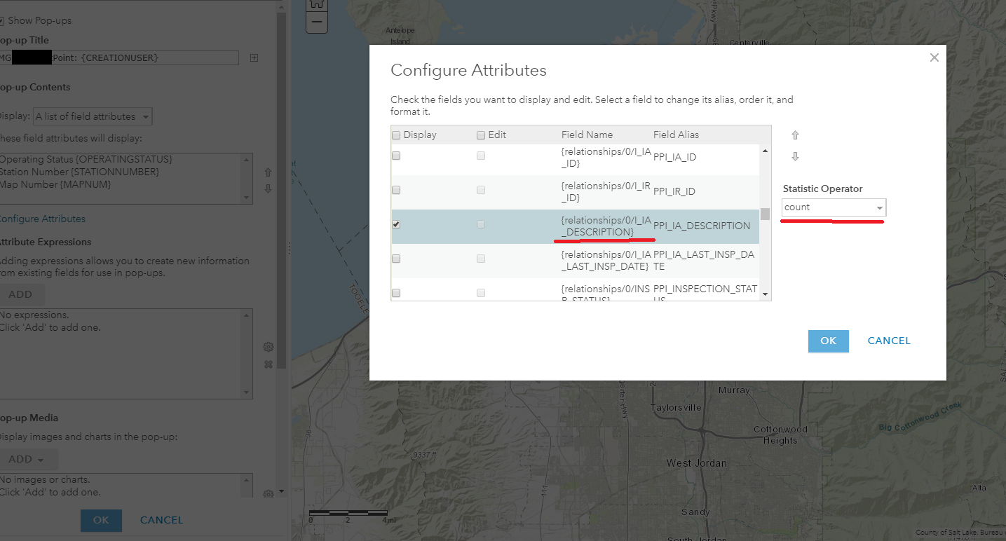 Related table attributes can be turned on at the asset pop-up level, but the value of that attribute cannot be viewed.