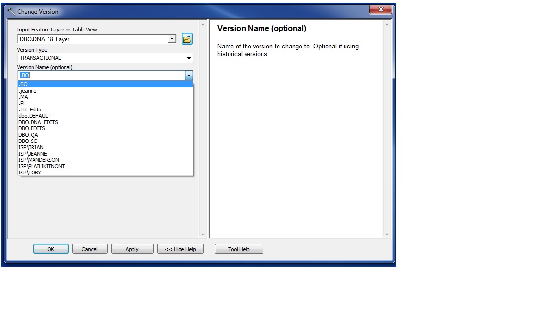 Here you can see that when using Change Version in ModelBuilder, the names of all non-DBO versions are split in two, rendering them non-functional. Perhaps the fact that our network domain ("ISP") preceeds our usernames is causing the problem, since all version names are split into "ISP\username" and .versionname.