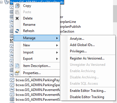 Context menu of feature dataset showing archiving choices unavailable