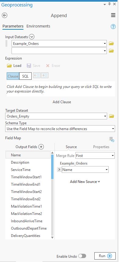 The Append GP Tool set up to use field mapping for loading Orders