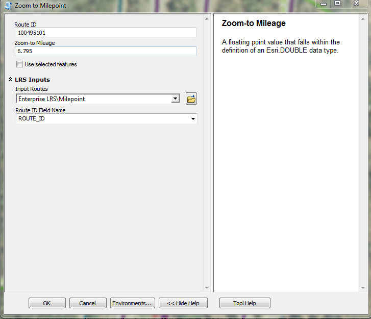 Screenshot of zoom to milepoint python toolbox for esri arcgis roads and highways, which zooms the map to the input route ID and mileage