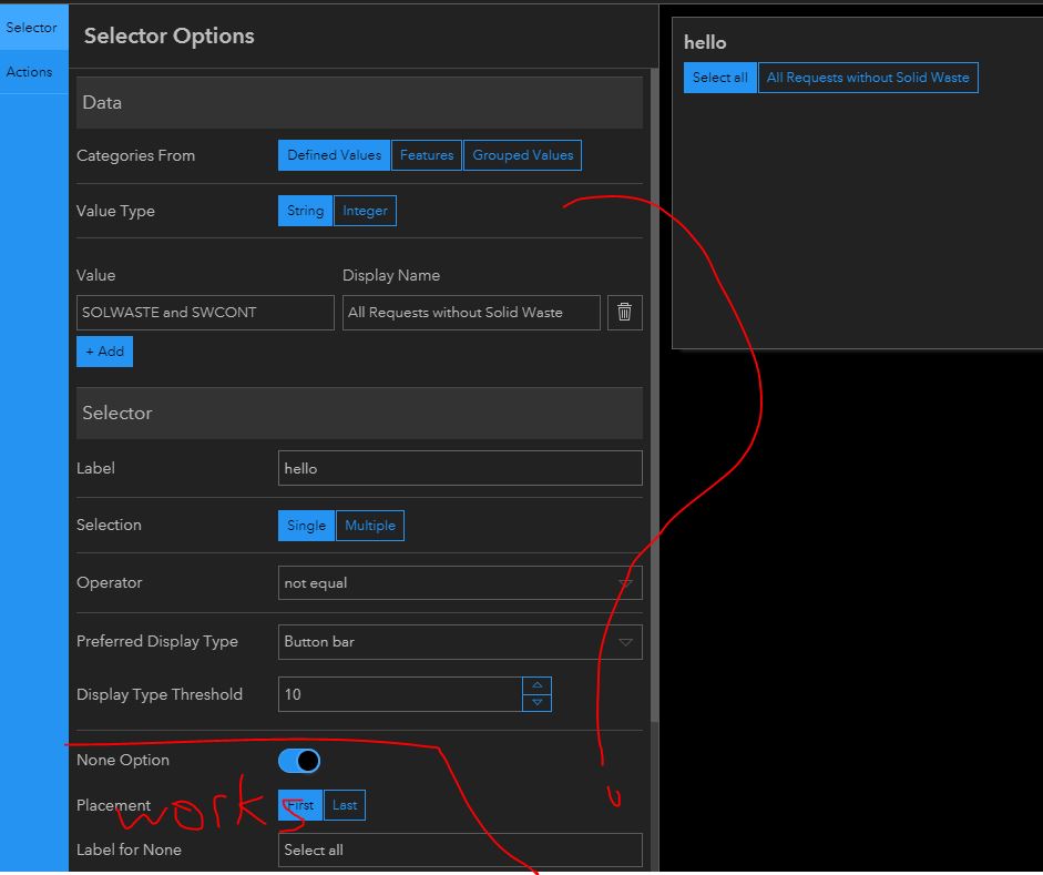 selector options for button