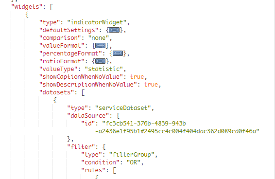 Screen Capture of the information I see for the datasource of my widget in my dashboard in json.