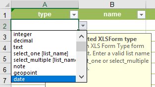 XLSForm question types drop-down