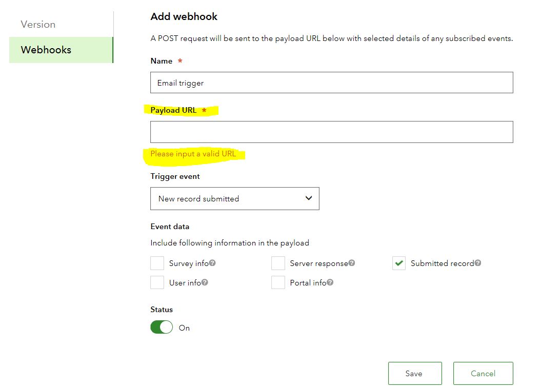 Survey123 - Webhook section - Missing payload URL