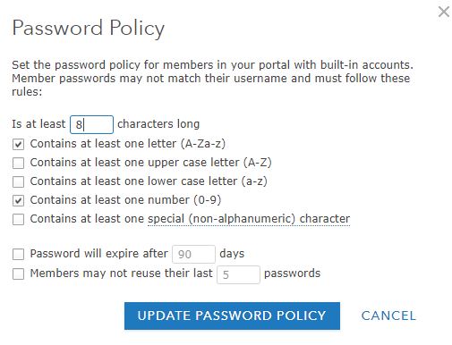 Password policy settings in the Enterprise portal.