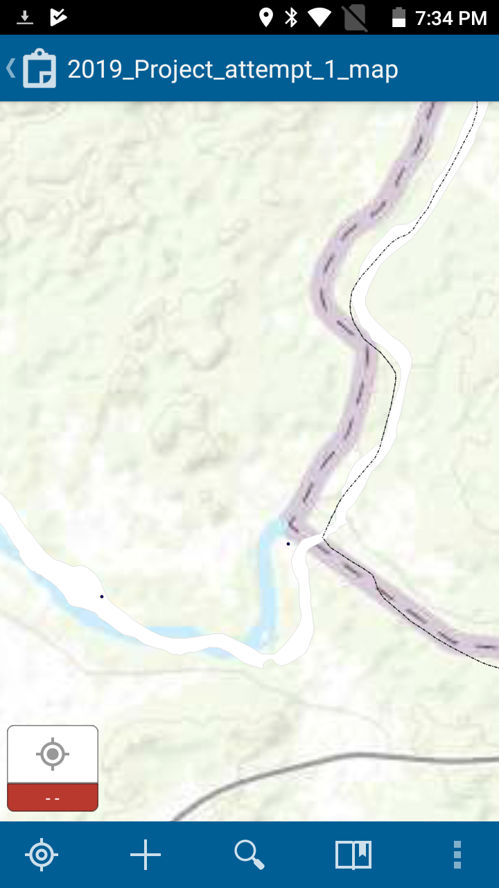 Image from TDC100 screen shows misalignment between basemap (blue river, grey border) and my data (white river, small thin dotted border)