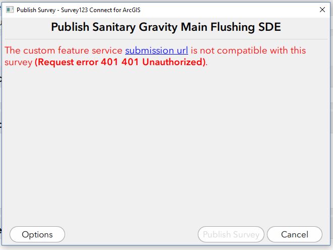 Survey123 error 401 unauthorized from publishing a survey