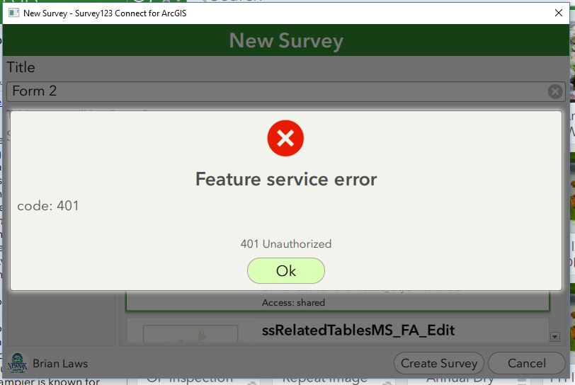 Survey123 error 401 unauthorized from creating a survey