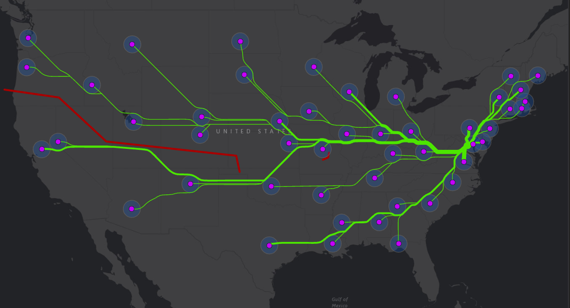 Figure 2: Output based on Figure1 input values. California and Nevada flow southward to avoid the red barrier.