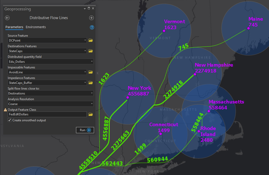 Figure 6: Note the flow line pass through the buffers around New York and Connecticut as well as Rhode Island. Also note the additive nature of the flow lines.