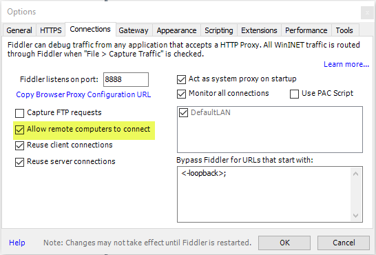 Fiddler connection options