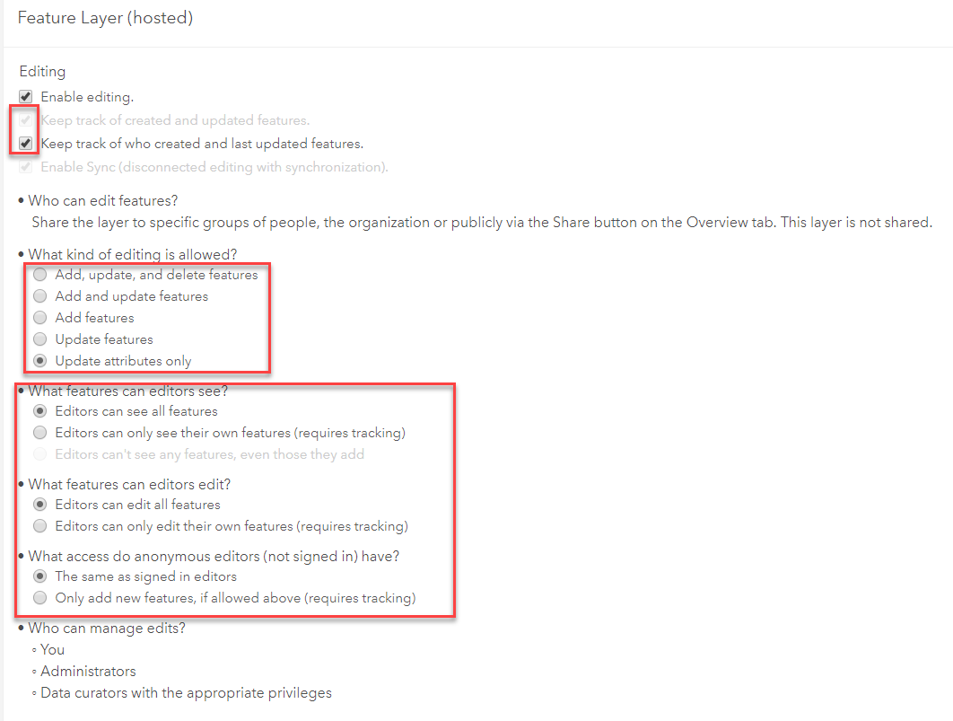 ArcGIS Online feature service settings