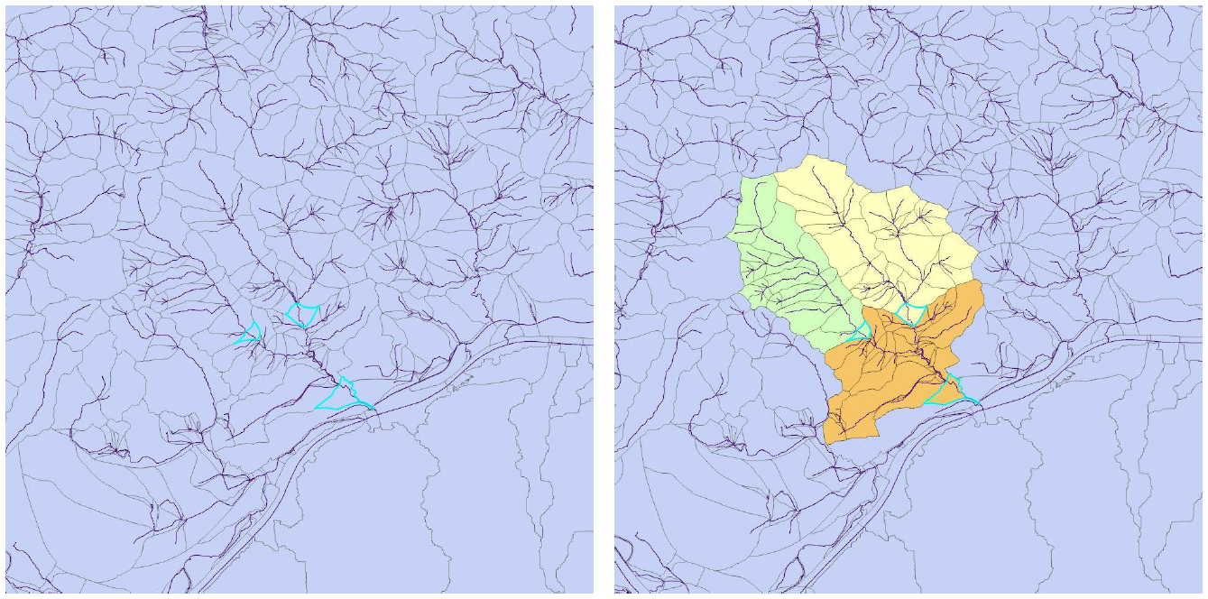 Selected subbasins and resulting upstream areas. Areas are usually only selected for the test. I only created them for better viualization.