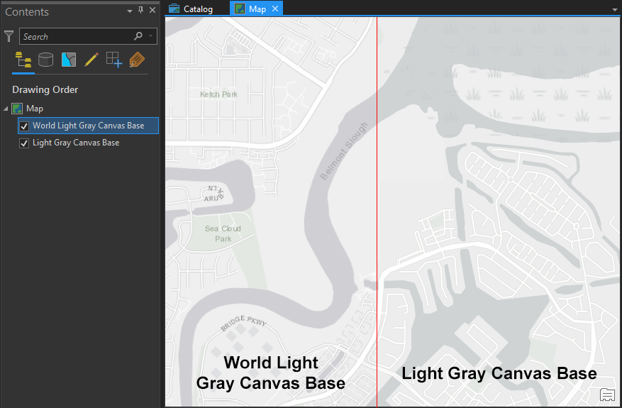 Comparison of light gray basemaps in ArcGIS Pro