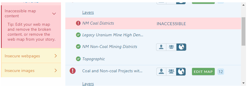 "Inaccessible map content" error in ArcGIS Online Story Map editor