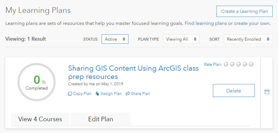 Image showing a personalized Esri Academy learning plan