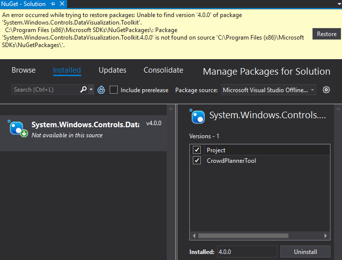 Screenshot of failure to uninstall NuGet package