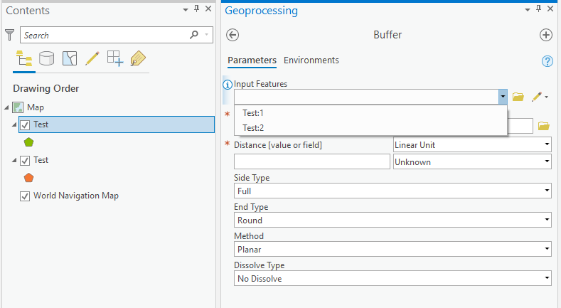 Two layers sharing the same name of "Test" are shown as "Test:1" and "Test:2" in the geoprocessing input dropdown.