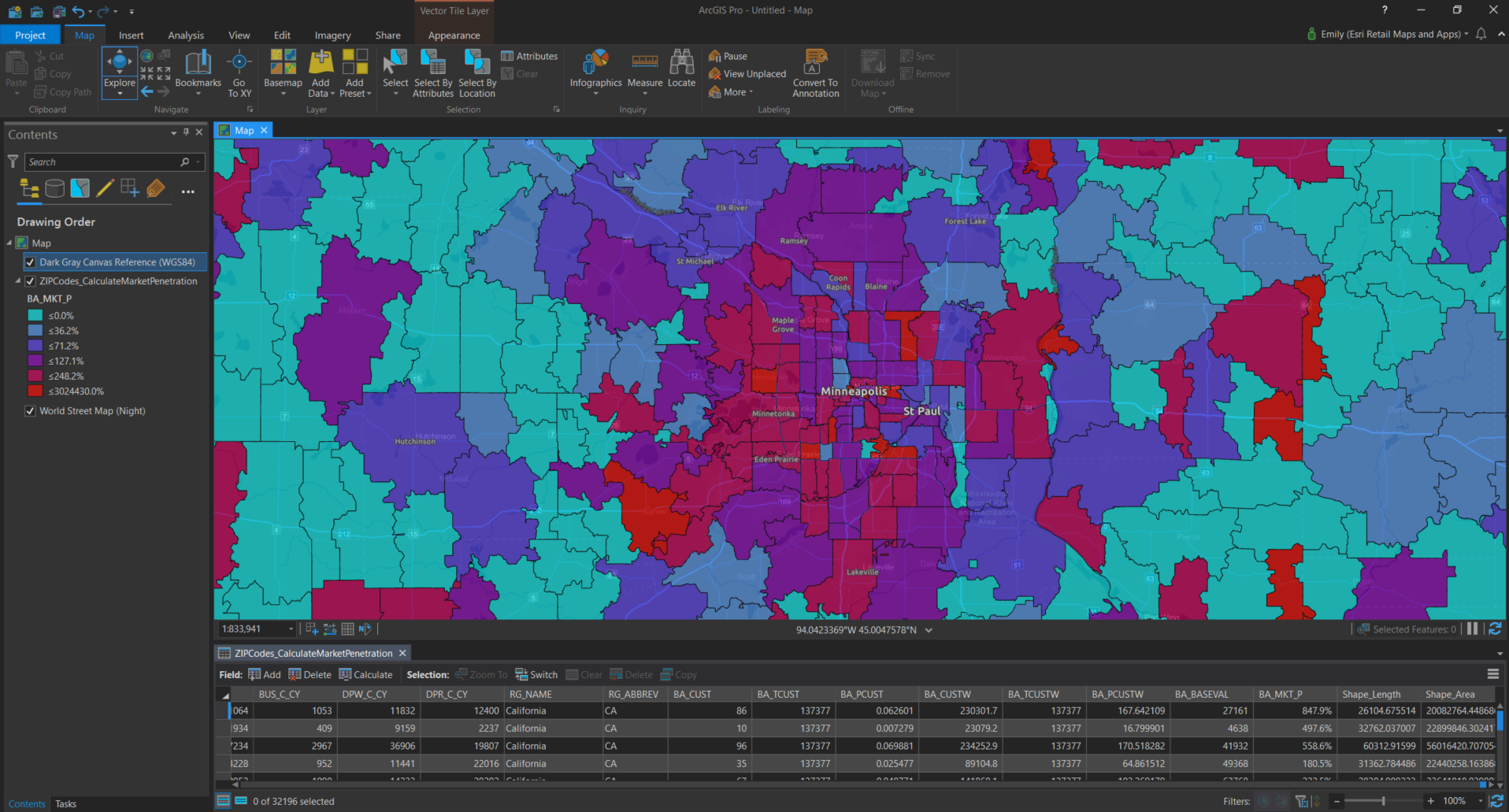 A Market Penetration layer calculated using population of zip codes compared to a point layer of customer data and weighted using their spending totals. This helps us see areas where we have more saturation (red) and areas where we have gaps in our market (shades of blue and purple).