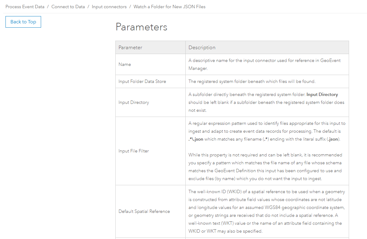 Example of parameters and descriptions in the new connector documentation.