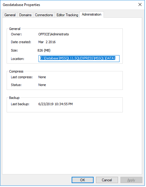 Administration tab of an SDE database with tens of thoudsands of features