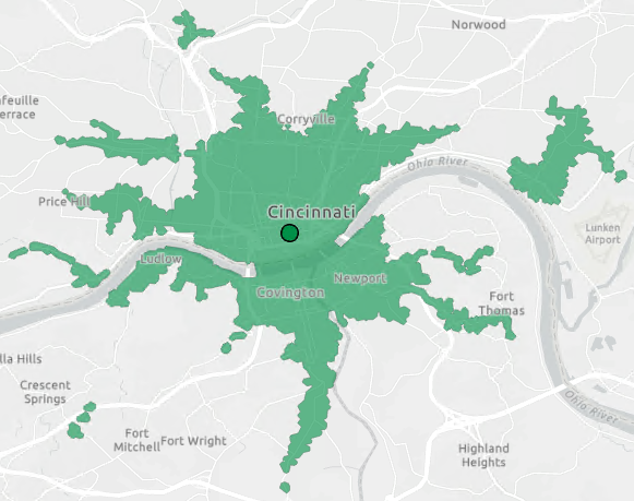 Public transit service area generated in ArcGIS Pro