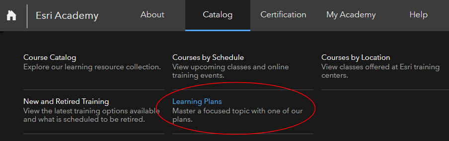 Esri Training Catalog menu with Learning Plan callout