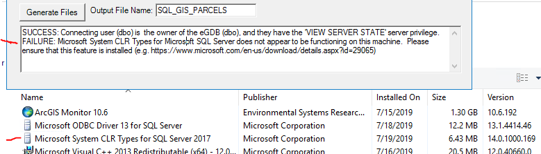 EgdbSQL configuration window with error that System CLR Types is not installed, shown over Control Panel Programs showing installed System CLR Types.