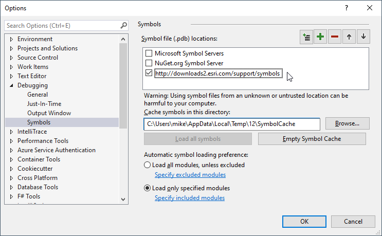 Screen capture of Visual Studio Options Debugging Symbols dialog