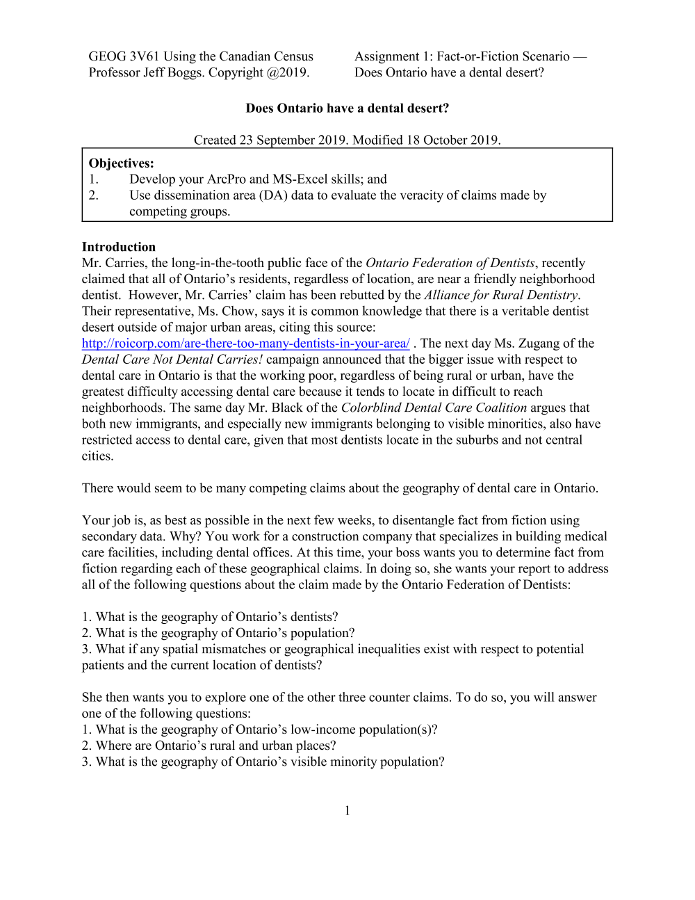 Geog 3V61 Dental desert assignment page 1 / Boggs Brock 2019