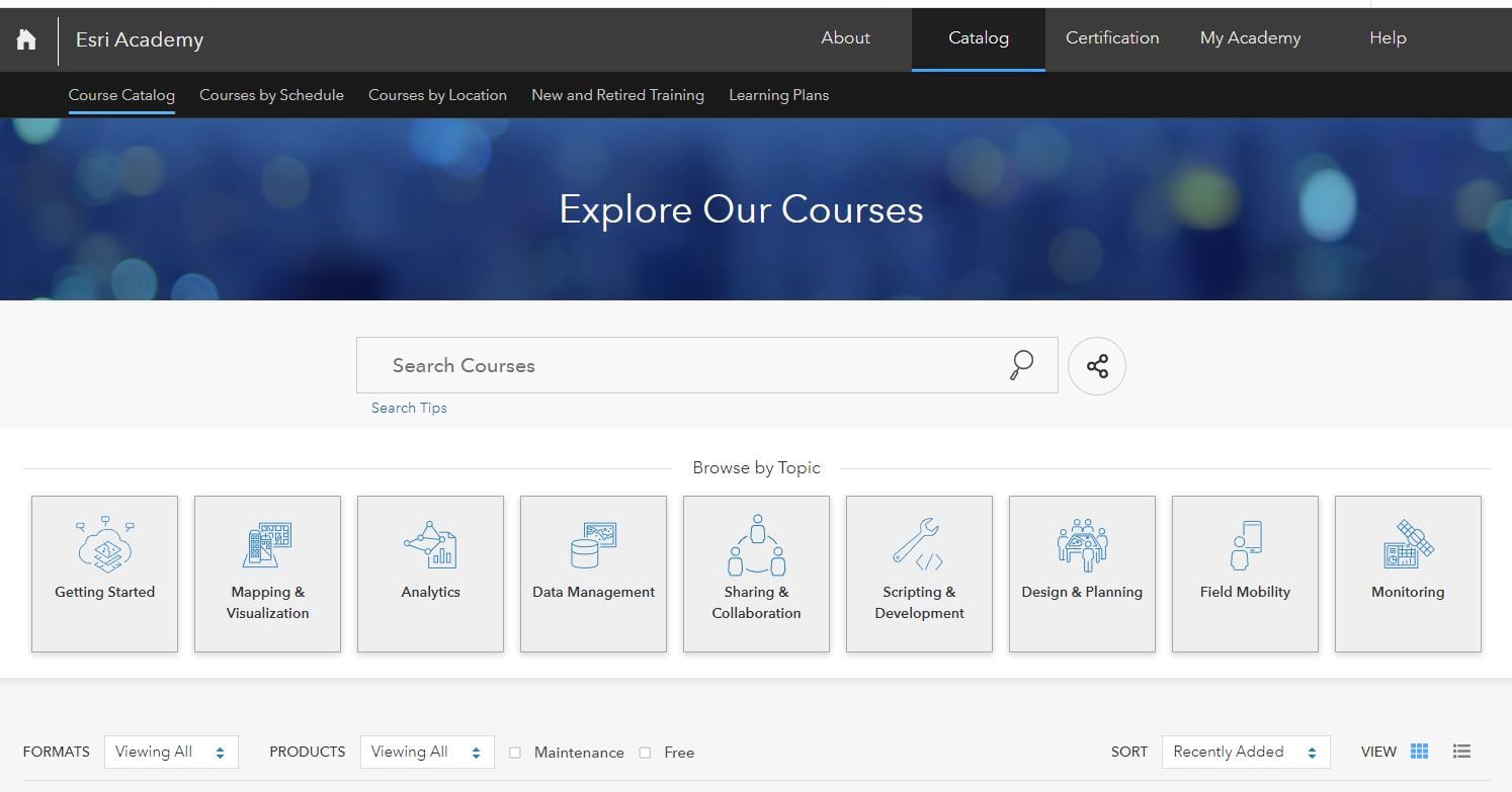 A screenshot of the Esri Academy Course Catalog.