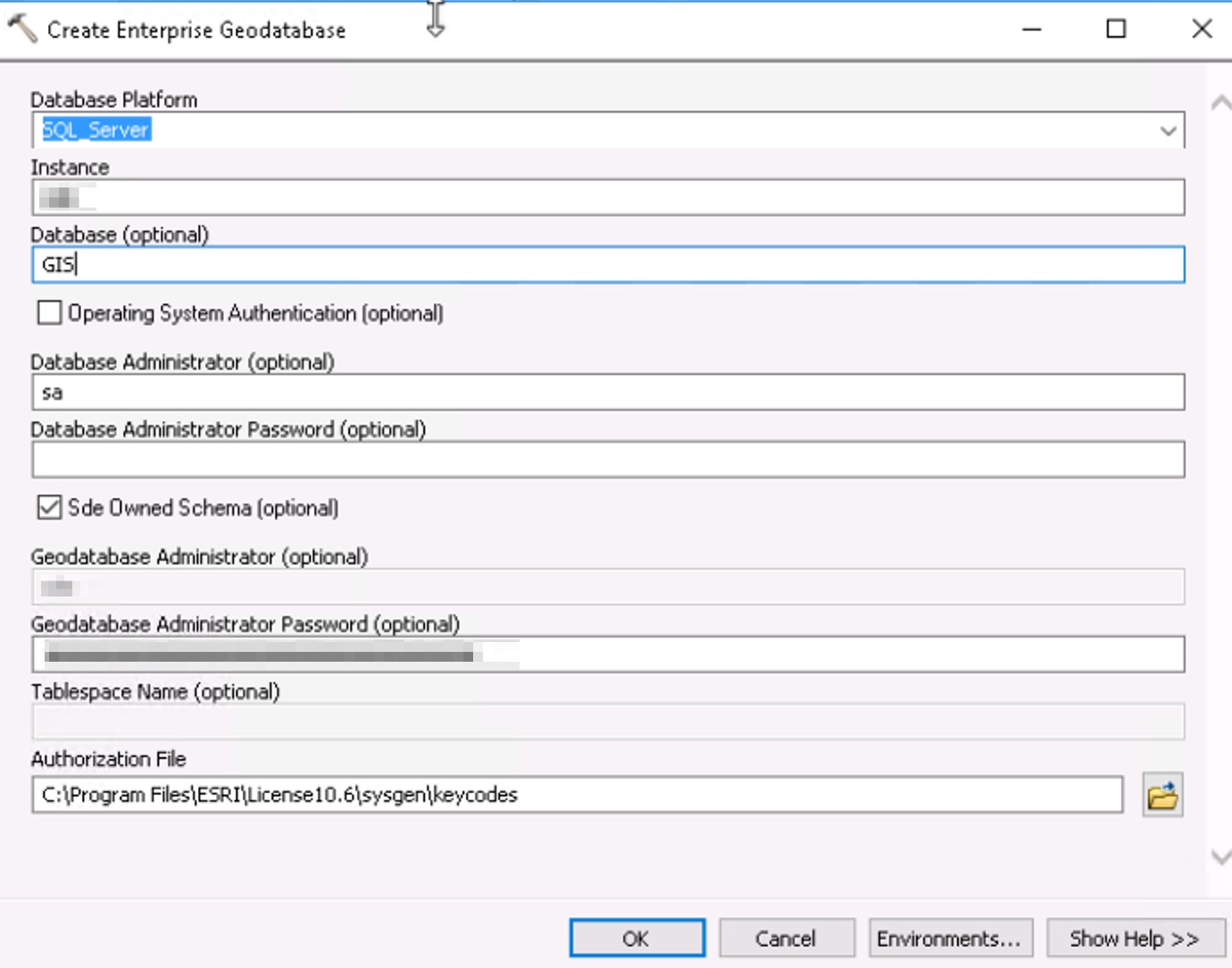 Create Enterprise Geodatabase dialog