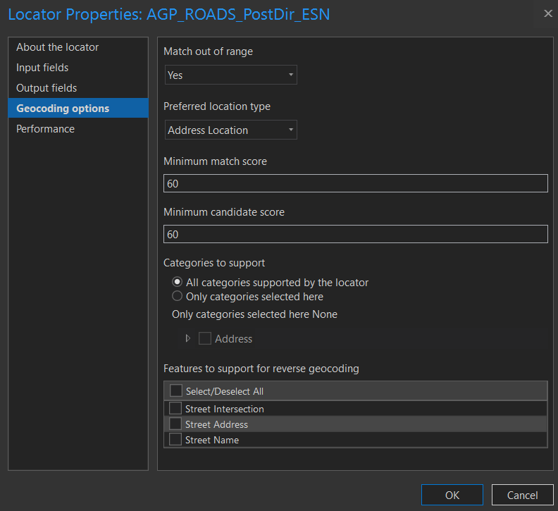 AGP Locator Properties window