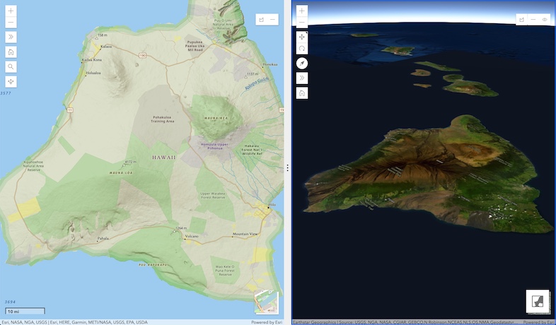 Example app showing Hawaii tipped and rotated in 3D