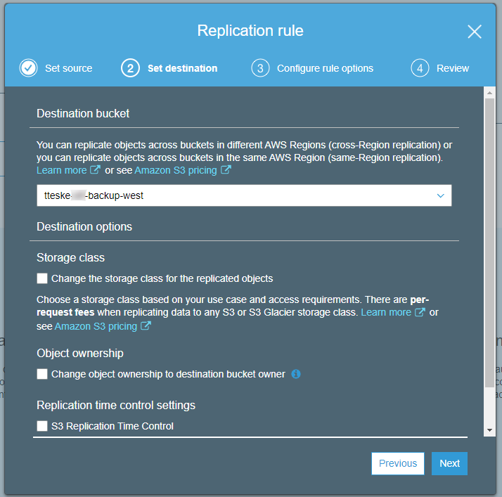 Configuring the replication rule in Amazon S3 bucket