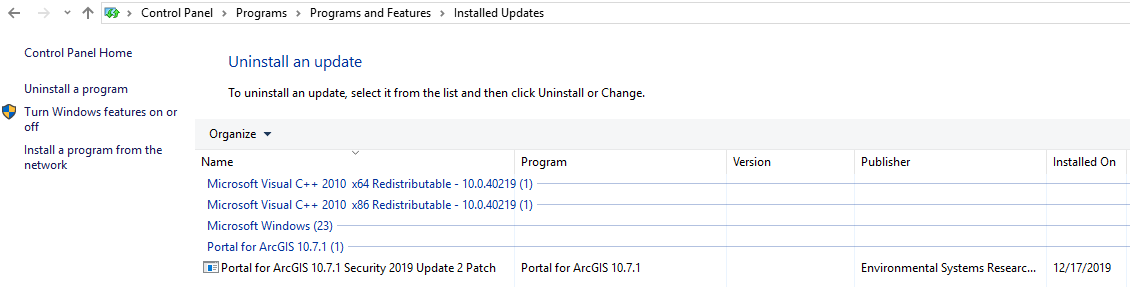 list of installed patches within control panel