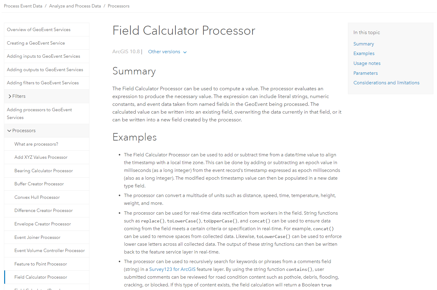 New processor summary and examples with the 10.8 release of ArcGIS GeoEvent Server.