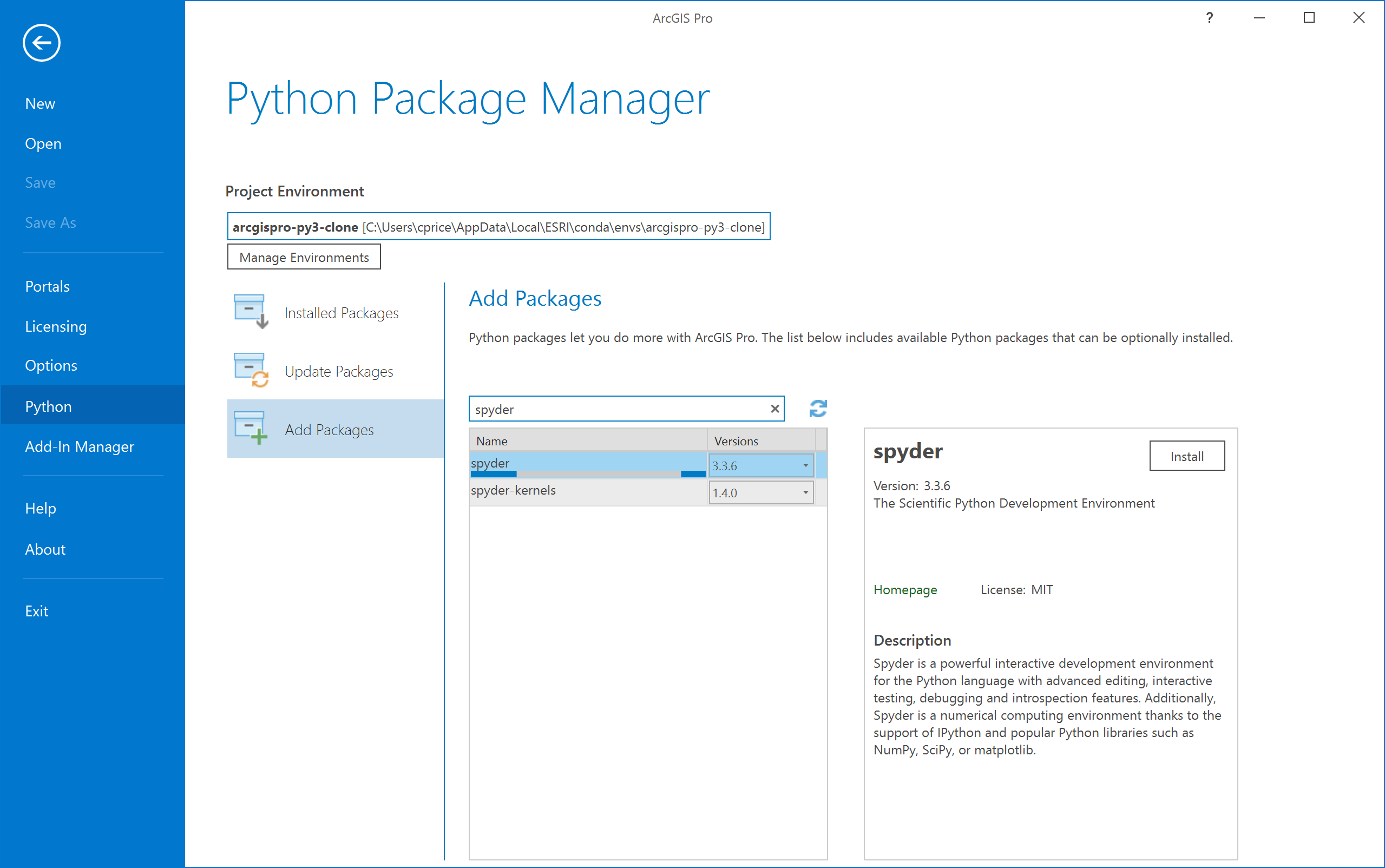 Screen capture of Spyder install in ArcGIS Pro Python Package Manager