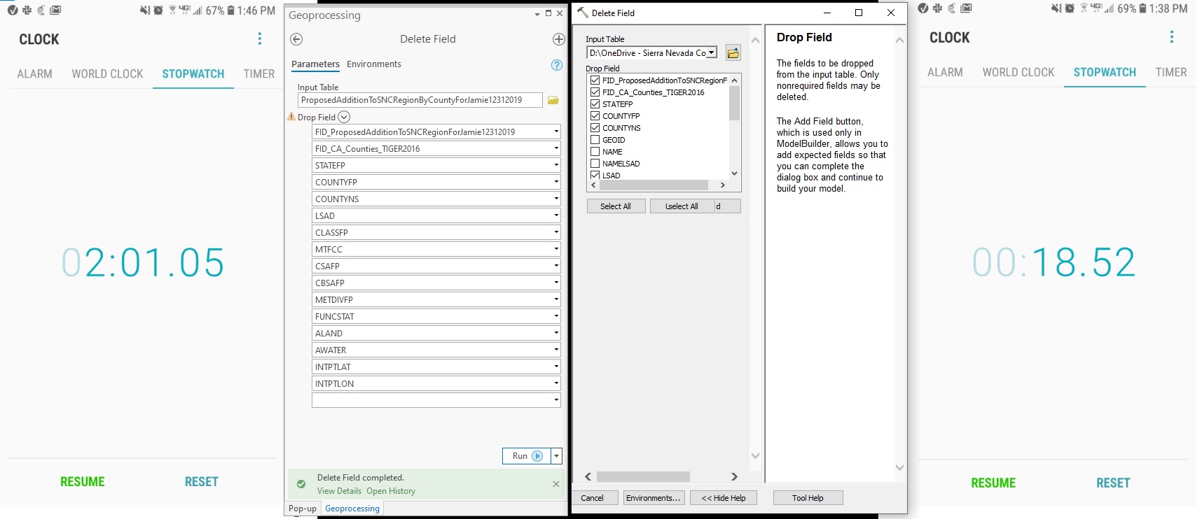 Comparison of time to use delete field in Arc Pro 2.5 and Arc Map 10.7 Same File.