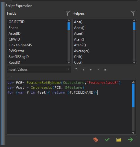 Screenshot of Arcade expression for Attribute Rule tested to match INTERSECTING_FEATURE functionality from Attribute Assistant.