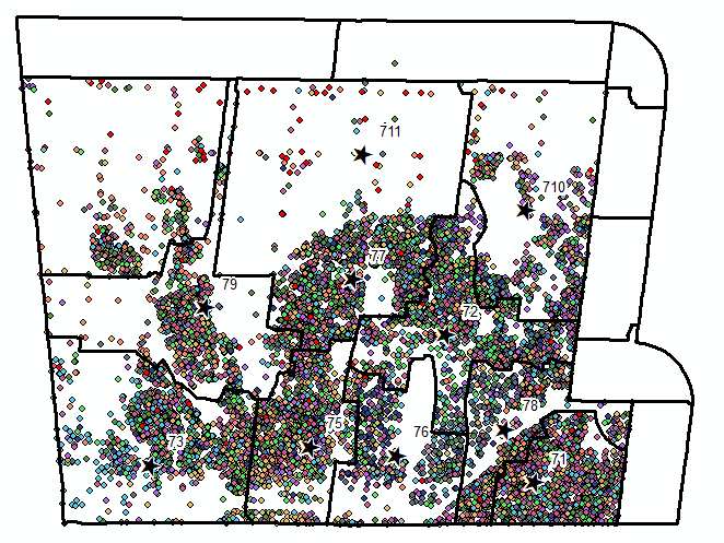 Results of closest facility analysis. It seems that incidents were assigned random facilities as their closest facility rather than what was actually closest in the road network.