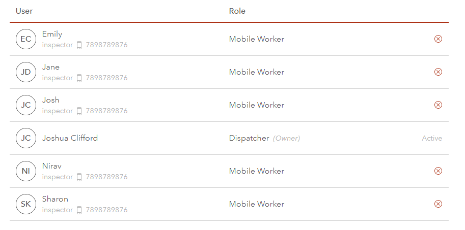 List of added tree inspectors in the Workforce web interface