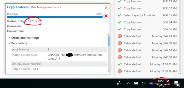 geoprocessing tool progress bar at 100%for 20 mins