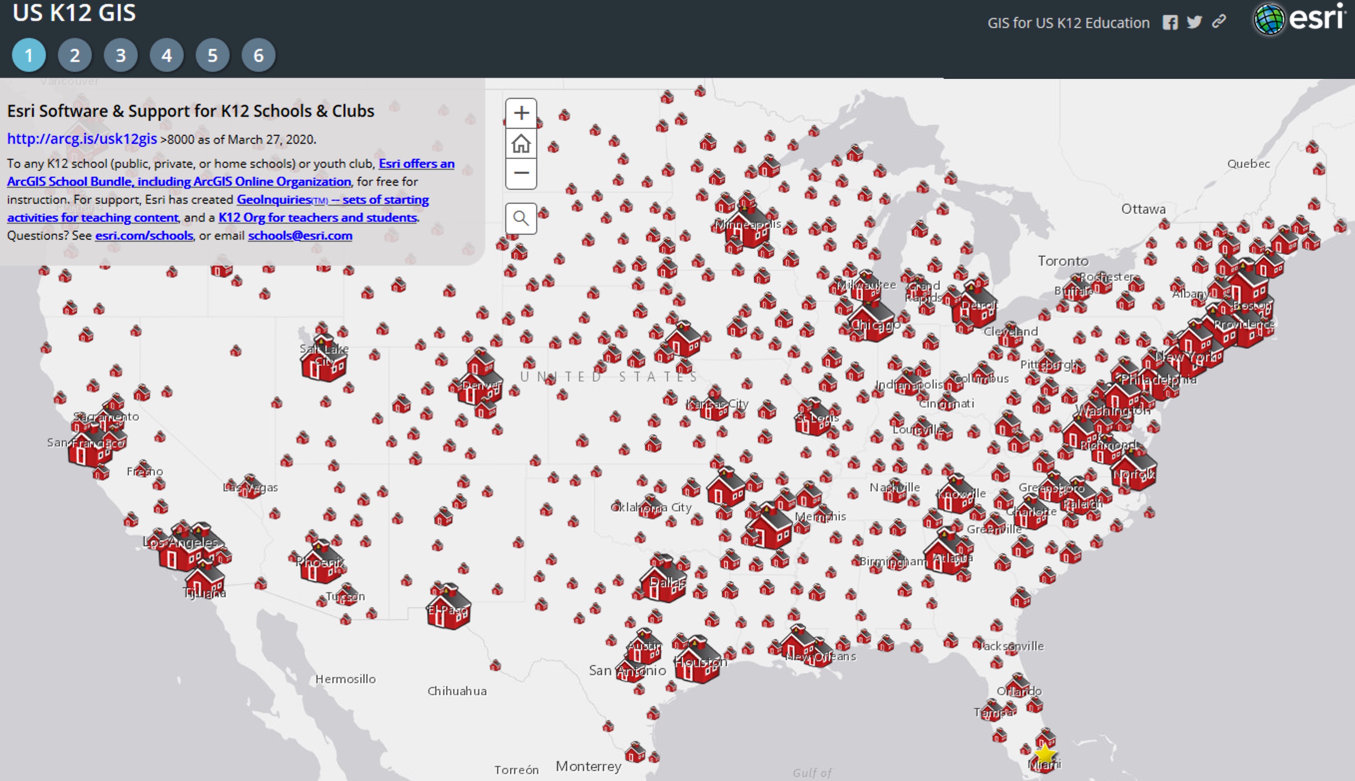 Map of US ArcGIS School Bundle sites
